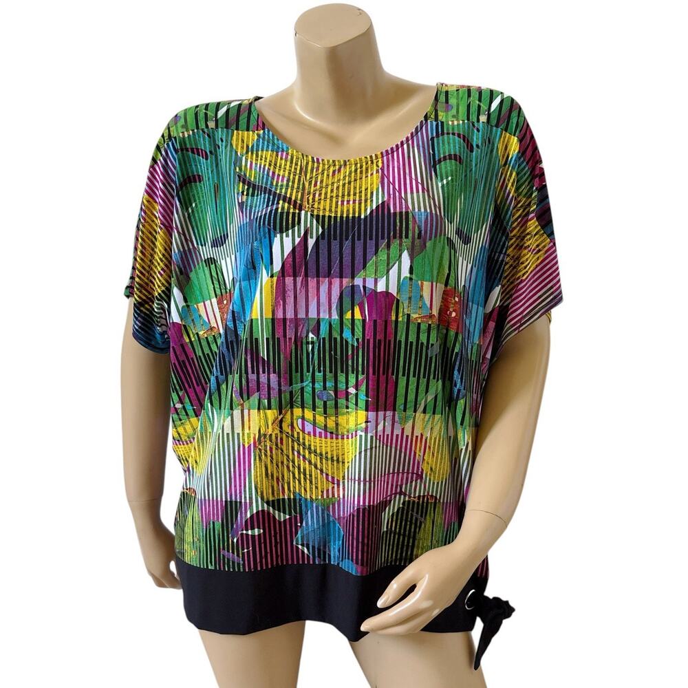 Rafaella Blouse Womens XL Tropical Print Tie Hem Colorful Short Sleeve Top
